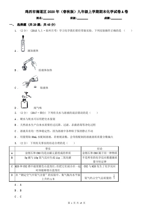 鸡西市滴道区2020年(春秋版)九年级上学期期末化学试卷A卷