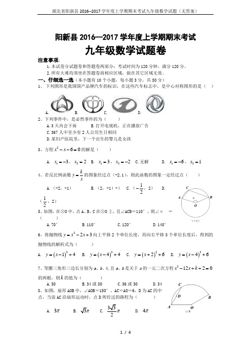 湖北省阳新县2016--2017学年度上学期期末考试九年级数学试题(无答案)