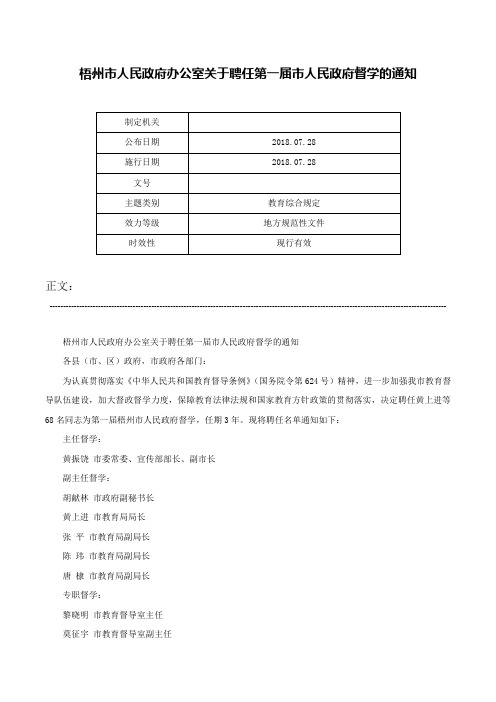 梧州市人民政府办公室关于聘任第一届市人民政府督学的通知-