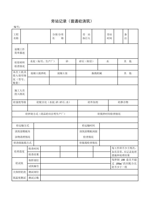 混凝土浇筑旁站记录表(完整版)