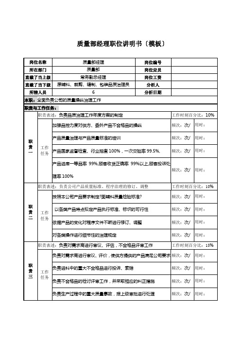 某服装生产企业品质部经理职位说明书