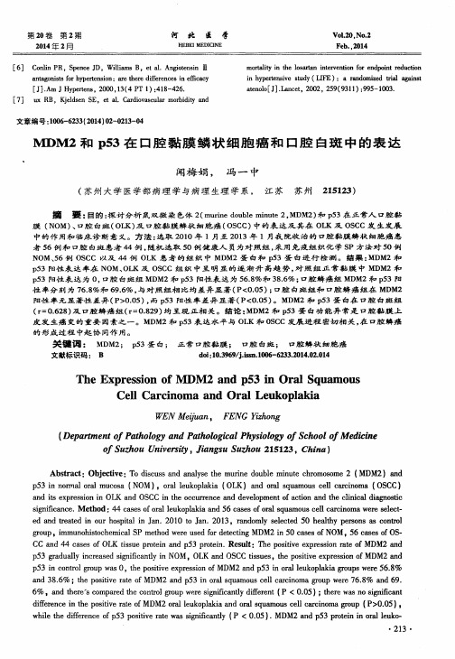 MDM2和p53在口腔黏膜鳞状细胞癌和口腔白斑中的表达