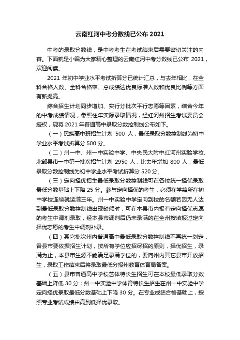 云南红河中考分数线已公布2021