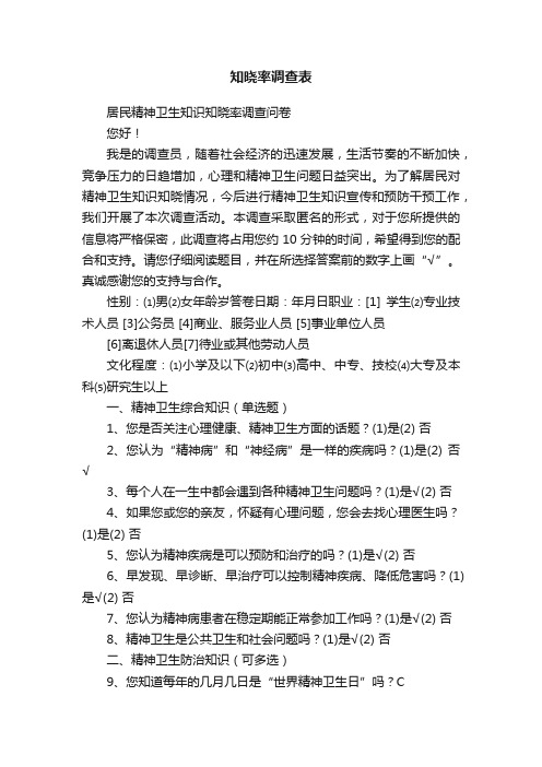 知晓率调查表