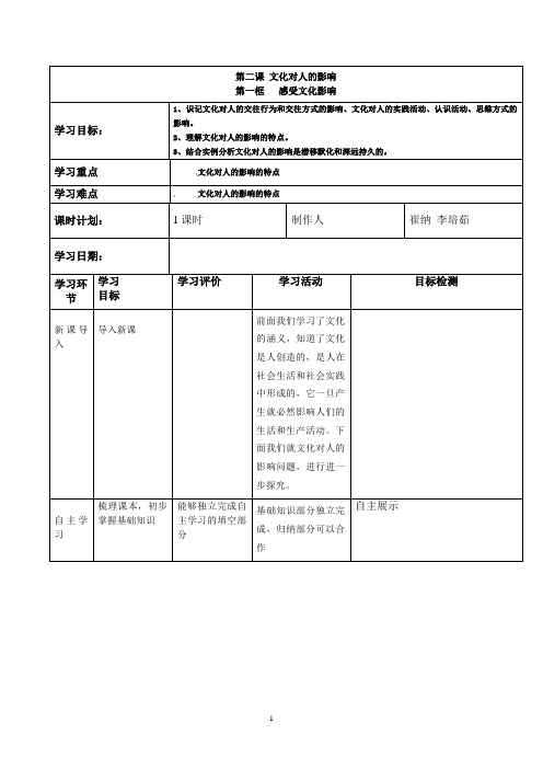 第二课 第一框 感受文化影响 教案