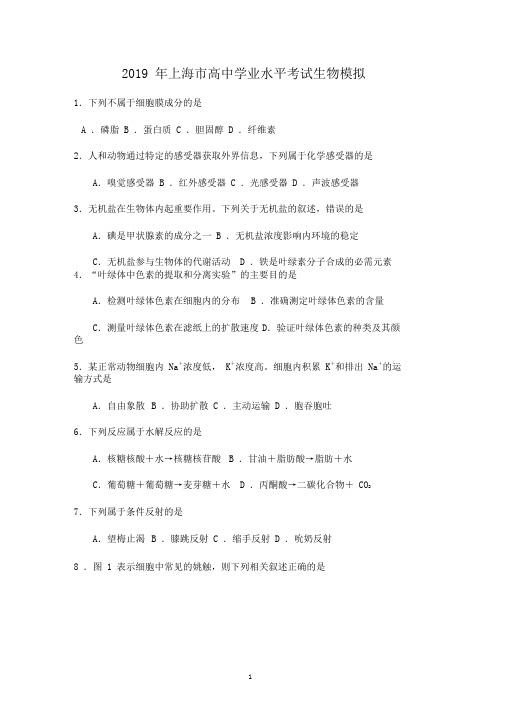 2019年上海市高中学业水平考试模拟试题生物及答案