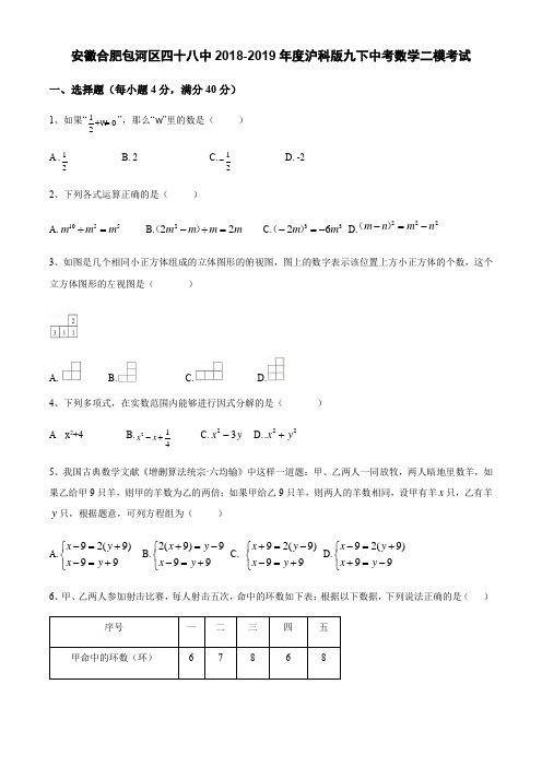  安徽合肥包河区四十八中2018-2019年度沪科版九下中考数学二模考试(含答案)