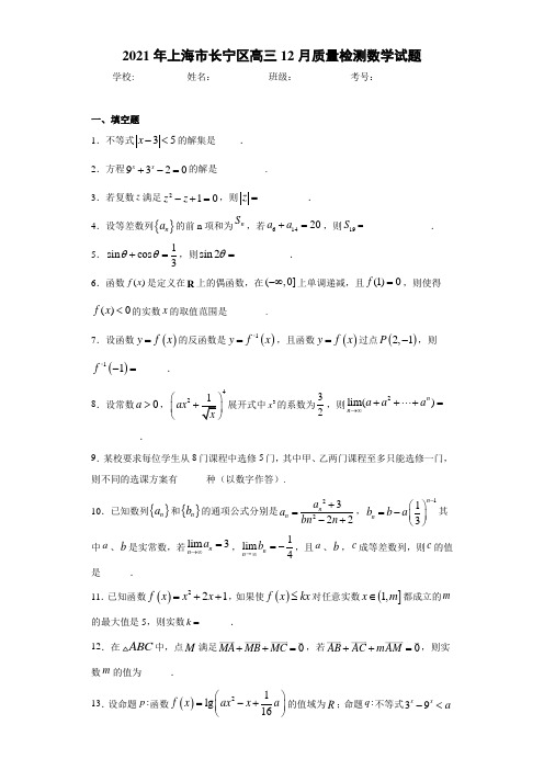 2021届上海市长宁区高三12月质量检测数学试题