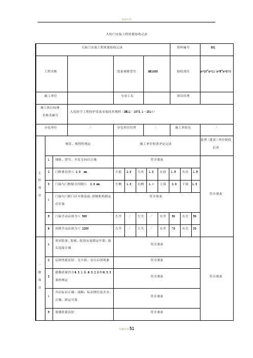 人防门安装工程质量验收记录