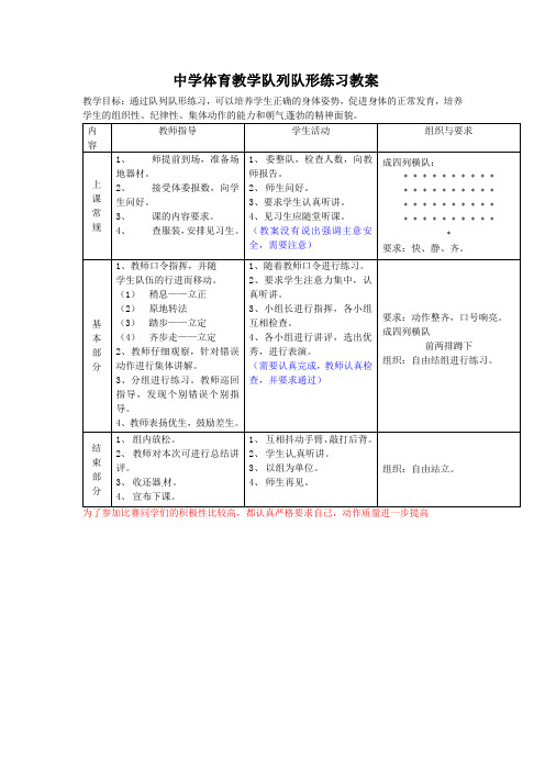 中学体育教学队列队形练习教案