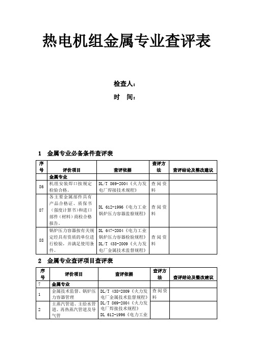 热电机组金属专业查评表