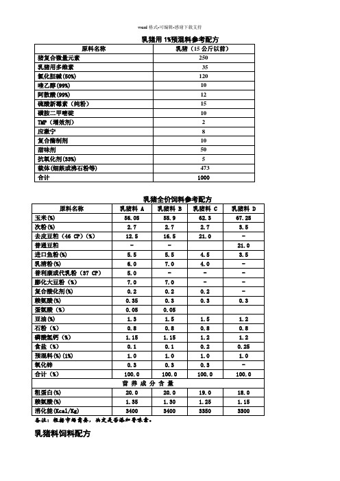 大北农乳猪用全价饲料参考配方