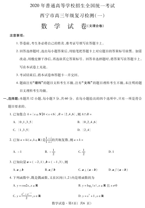 青海省西宁市2020届高三复习检测(一)数学试题 含答案