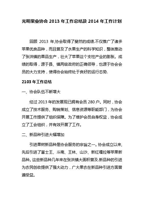光明果业协会2013年工作总结及工作计划 2