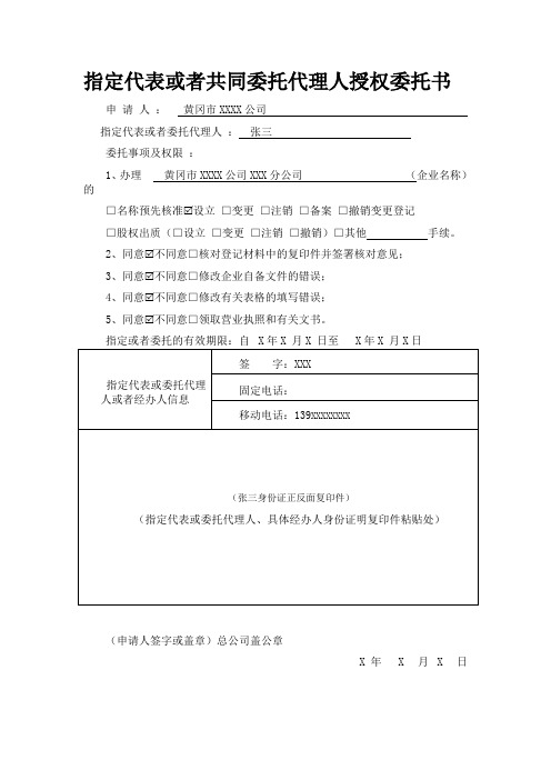 指定代表或者共同委托代理人授权委托书(填表范本)