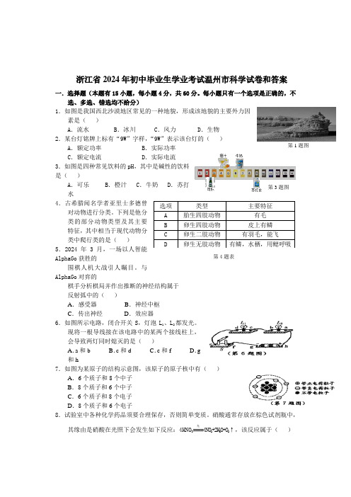 浙江省温州市2024年中考科学试卷-(Word版)汇总