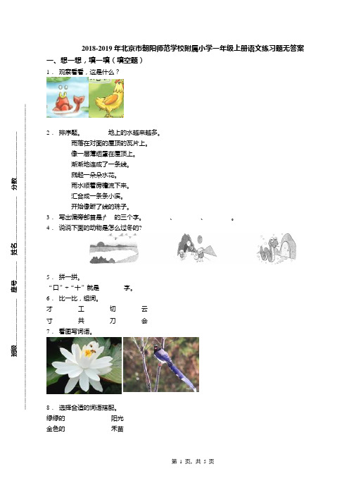 2018-2019年北京市朝阳师范学校附属小学一年级上册语文练习题无答案(1)