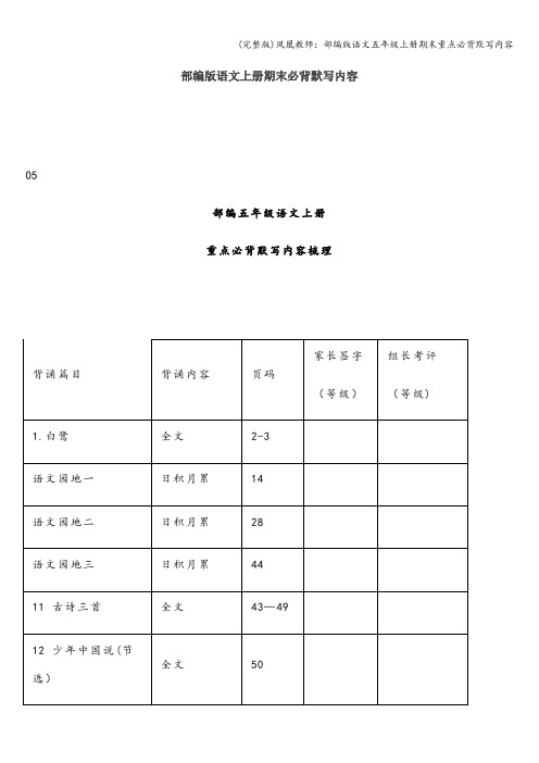 (完整版)凤凰教师：部编版语文五年级上册期末重点必背默写内容