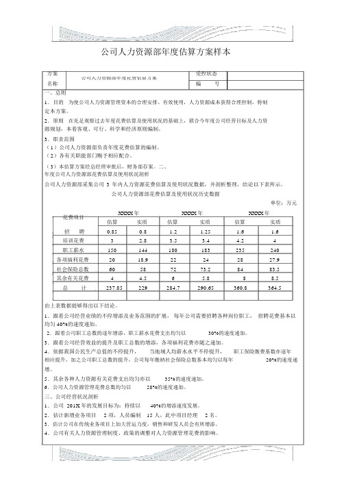 【样本】公司人力资源部年度预算方案样本