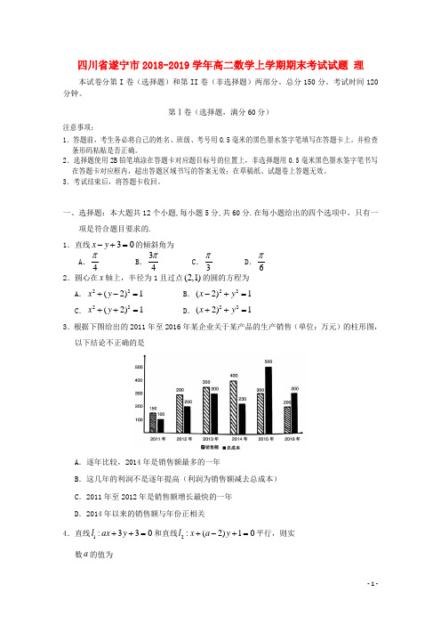 四川省遂宁市2018_2019学年高二数学上学期期末考试试题理2019020202119