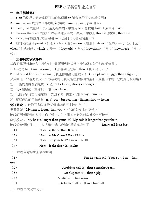 PEP小学英语六年级毕业升学考总复习试题及资料全册.doc