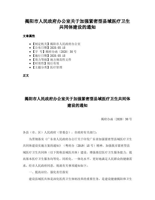 揭阳市人民政府办公室关于加强紧密型县域医疗卫生共同体建设的通知