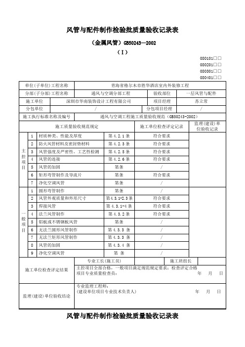 风管与配件制作检验批质量验收记录表金属风管Ⅰ