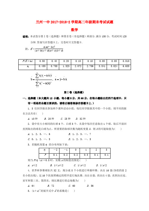 甘肃省兰州第一中学高二数学下学期期末考试试题 理