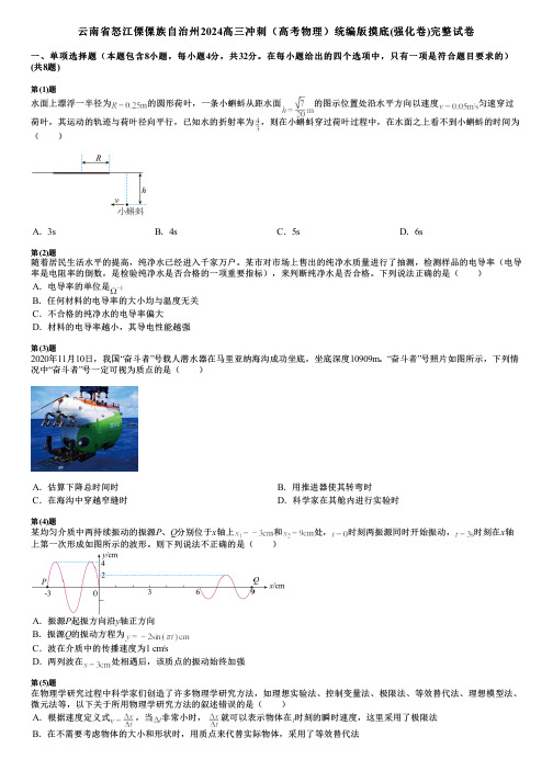 云南省怒江傈僳族自治州2024高三冲刺(高考物理)统编版摸底(强化卷)完整试卷