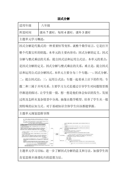 初中数学《因式分解》单元教学设计以及思维导图