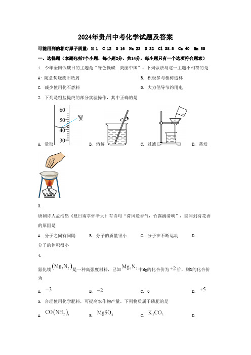 2024年贵州中考化学试题及答案