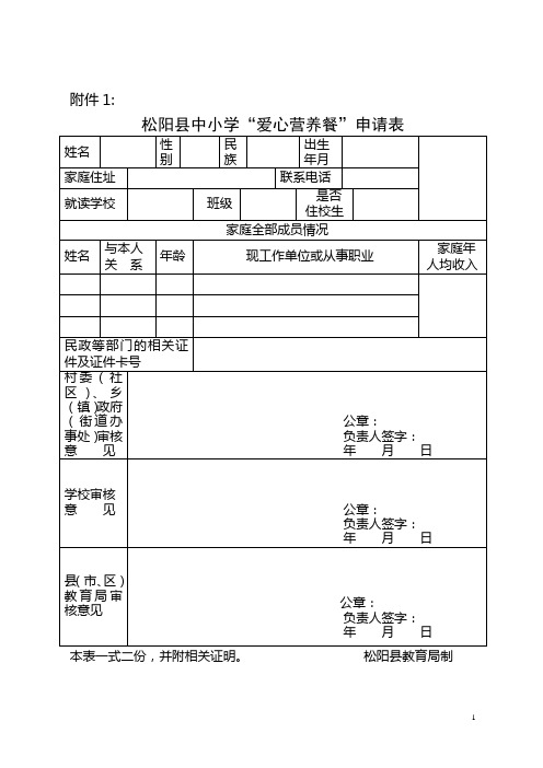 爱心营养餐”申请表等五种表格