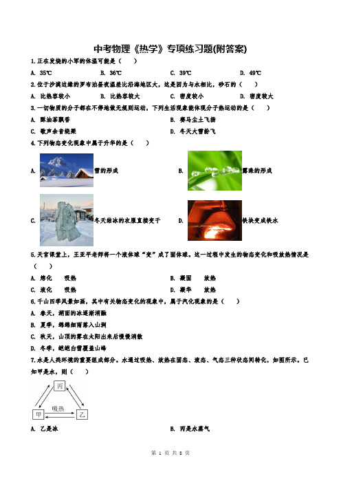 中考物理《热学》专项练习题(附答案)