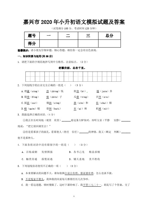 嘉兴市2020年小升初语文模拟试题及答案