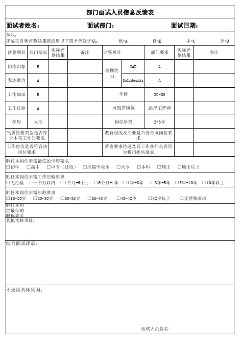 部门面试信息反馈表