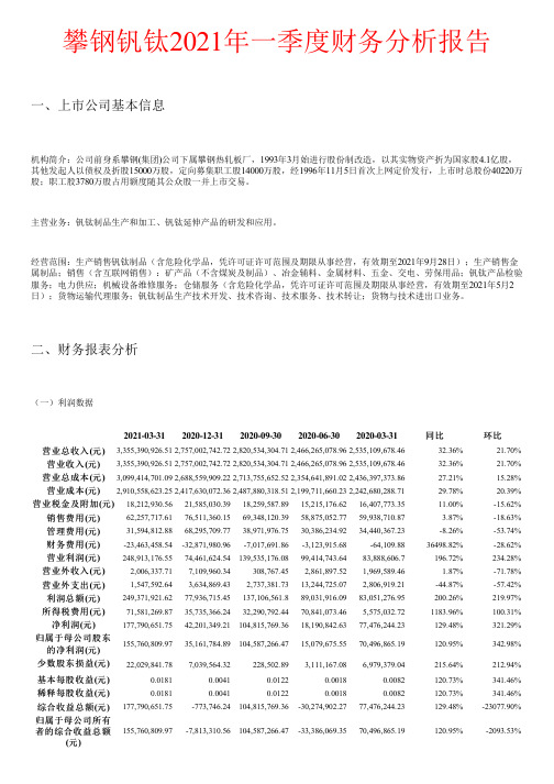 攀钢钒钛2021年一季度财务分析报告