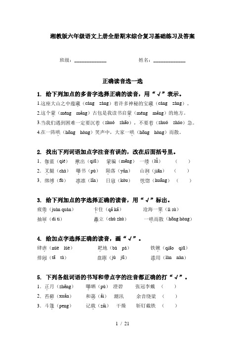 湘教版六年级语文上册全册期末综合复习基础练习及答案