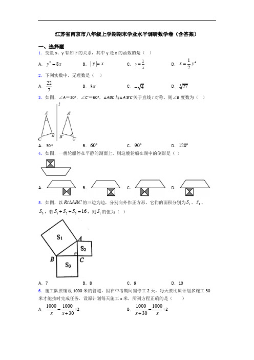 江苏省南京市八年级上学期期末学业水平调研数学卷(含答案)