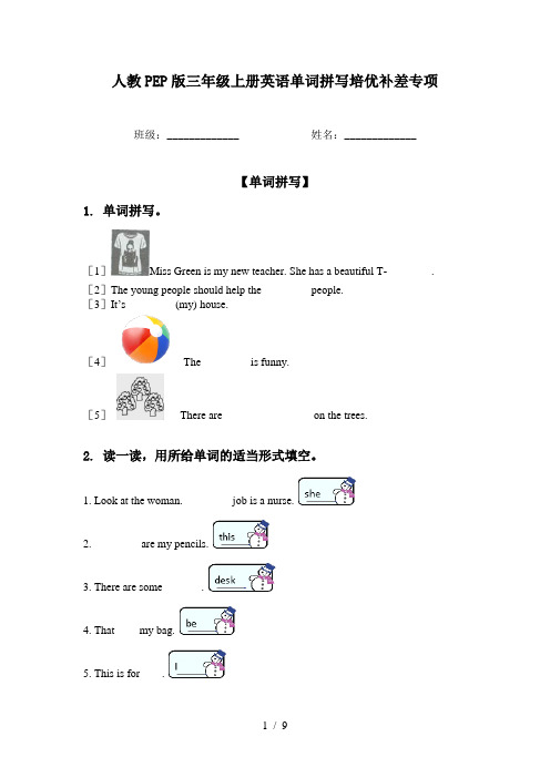 人教PEP版三年级上册英语单词拼写培优补差专项