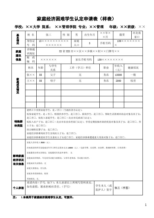 家庭经济困难学生认定申请表(模版)