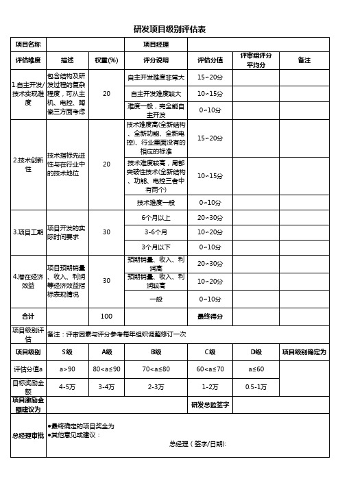 研发项目等级评估表