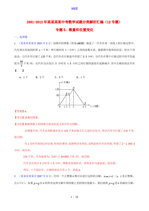 【中考12年】江苏省无锡市2001-2012年中考数学试题分类解析 专题5 数量和位置变化