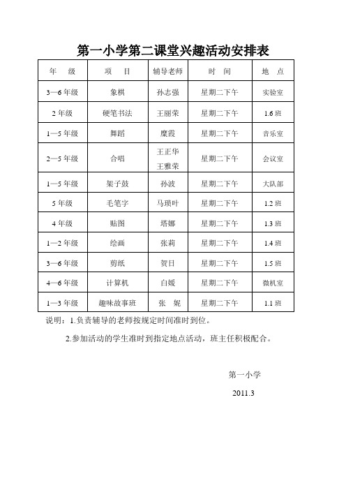 第一小学第二课堂兴趣活动安排表