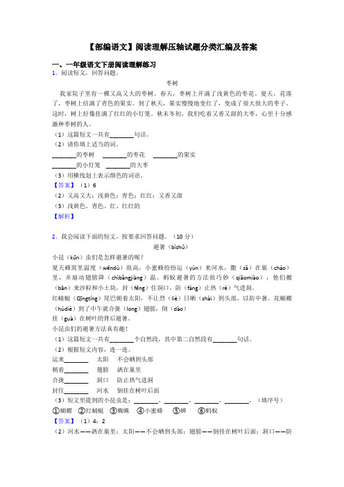 一年级【部编语文】阅读理解压轴试题分类汇编及答案