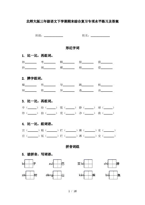 北师大版三年级语文下学期期末综合复习专项水平练习及答案