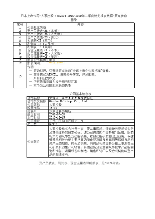 日本上市公司-大冢控股(45780)2016-2020年二季度财务报表数据-原点参数