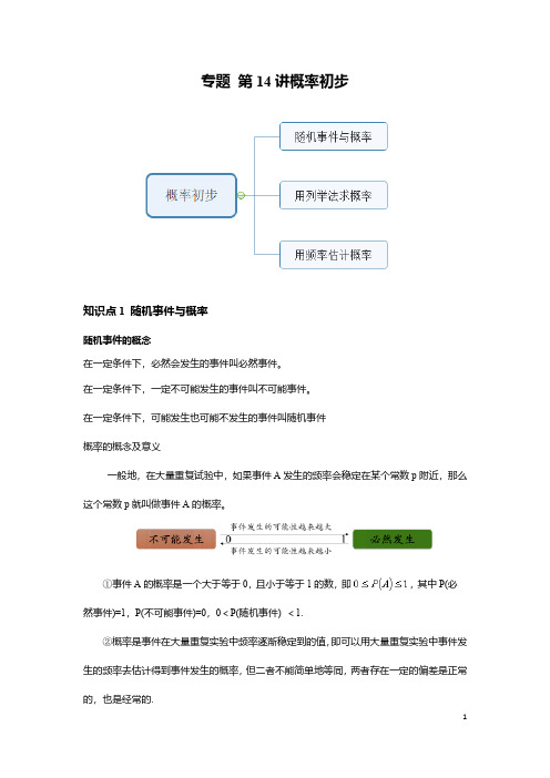 七年级数学下册专题第14讲概率初步重点、考点知识总结及练习