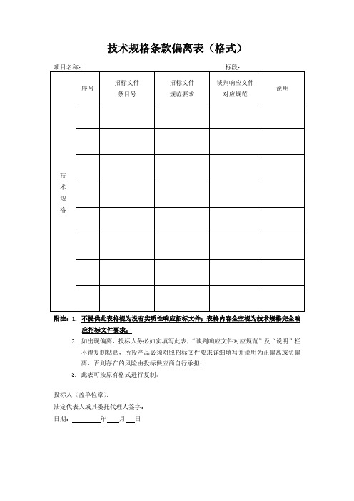 技术规格条款偏离表(格式)