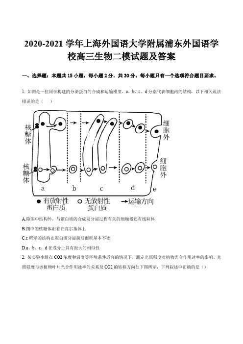 2020-2021学年上海外国语大学附属浦东外国语学校高三生物二模试题及答案