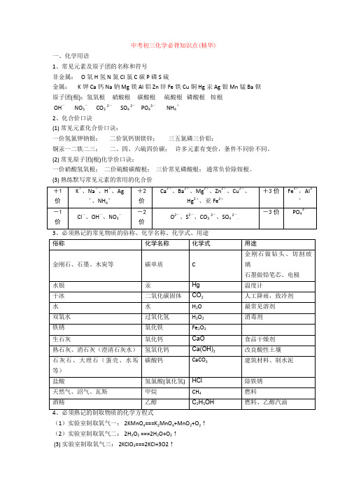 中考初三化学必背知识点(精华)